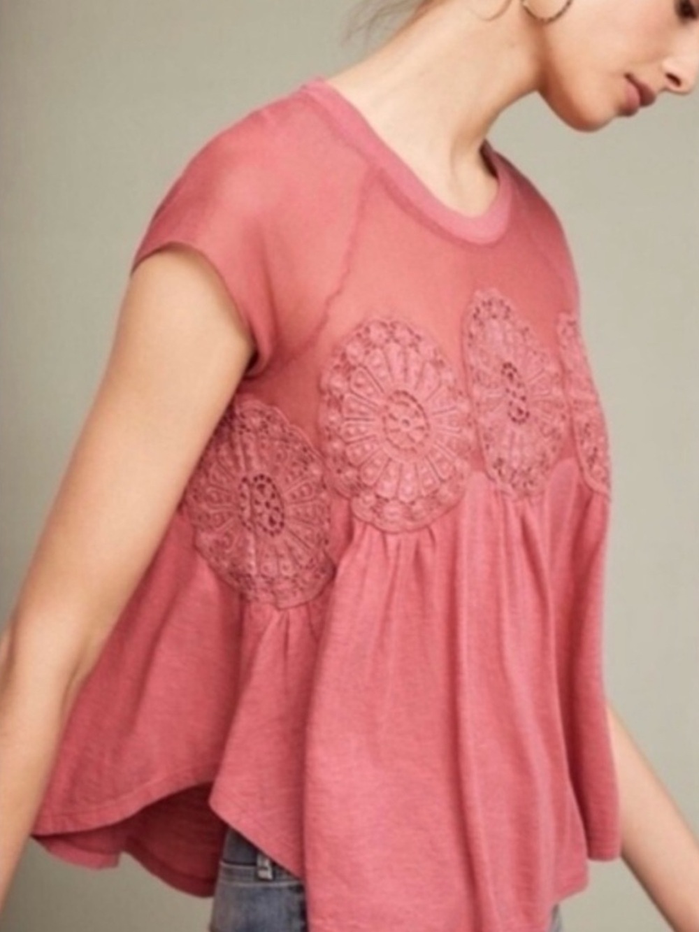 Meadow Rue Anthropologie Lace Floral Detail Pink Lace Crewneck Boho Tee